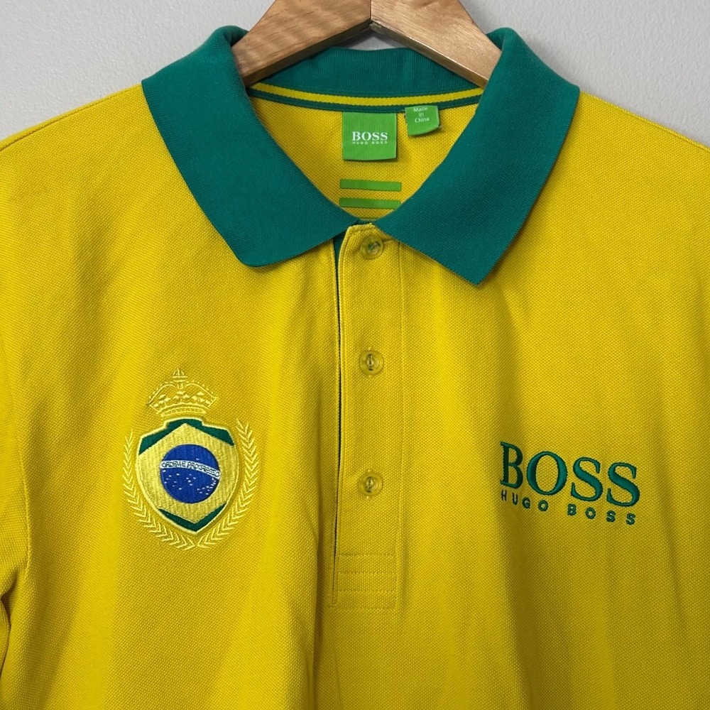 Hugo Boss Brazil World Cup Polo Mens Large Yellow Green Modern Fit Soccer Shirt